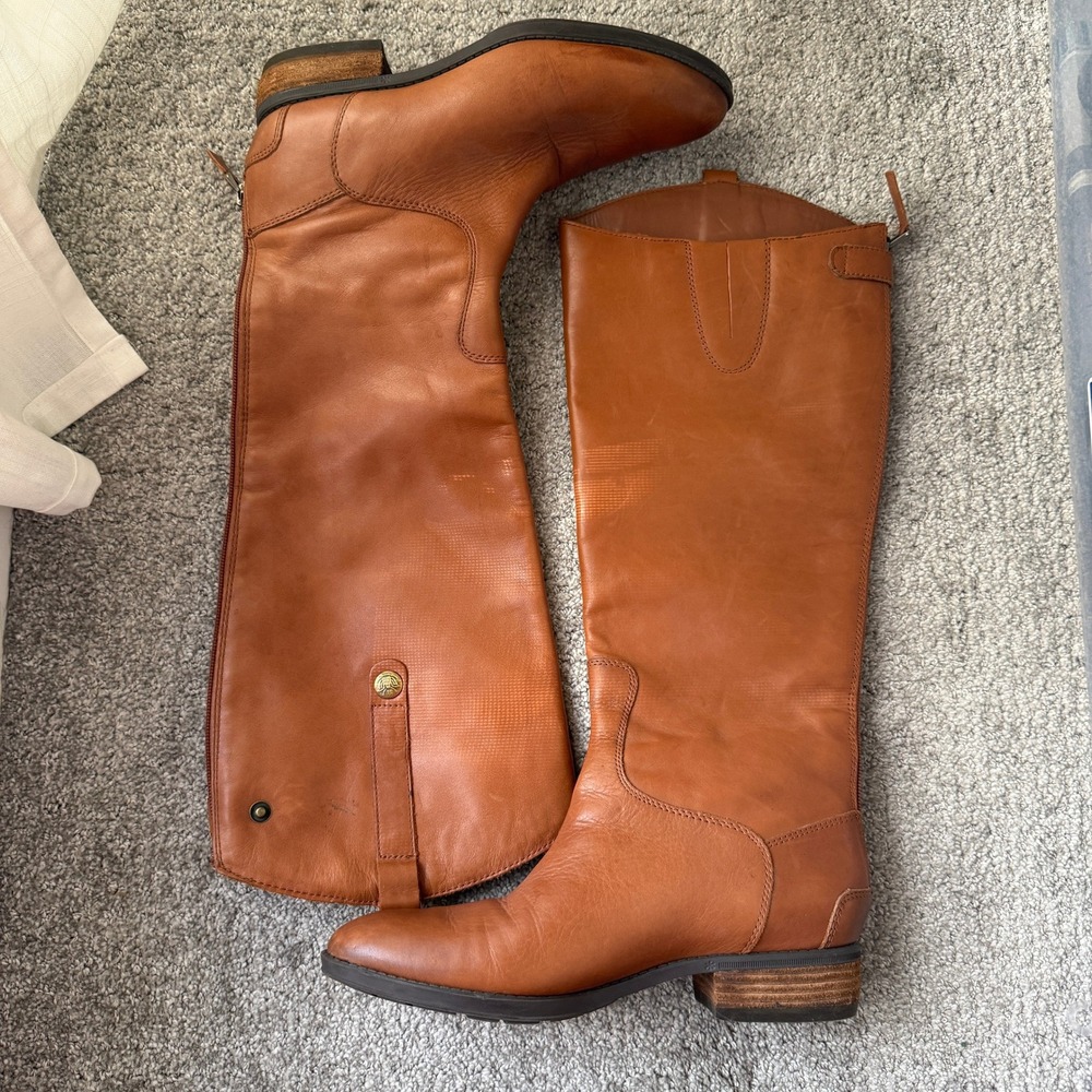 Sam Edelman Penny Leather Riding Boots‎ Cognac Brown Back Zip Womens 7M 37